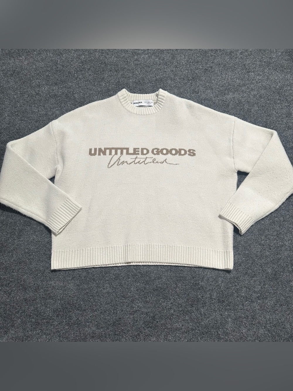 Bershka Cream Crewneck Sweater with Brown Logo